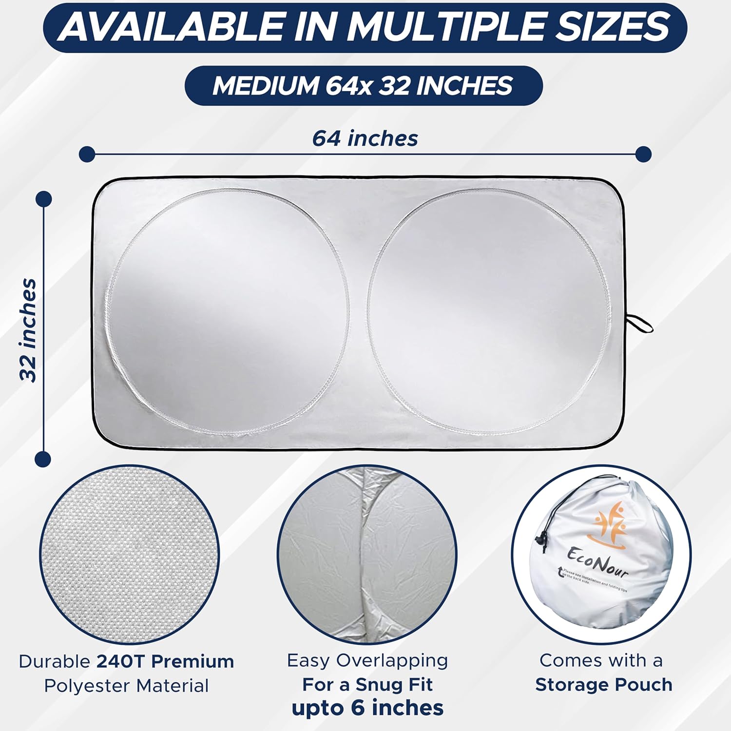 EcoNour Windshield Sunshade, Universal Fit - Size reference