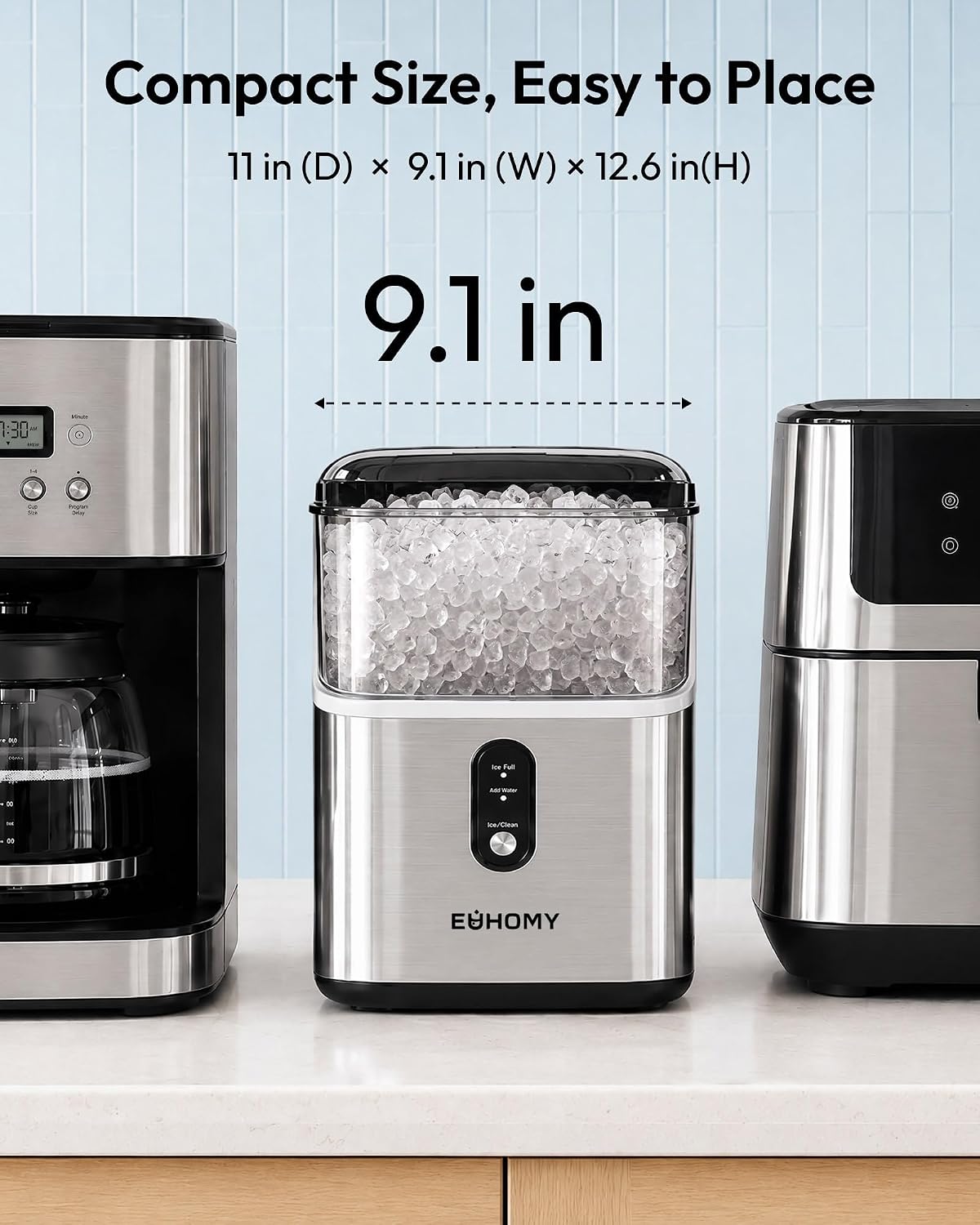 EUHOMY Nugget Ice Maker Countertop Stainless Steel - In use