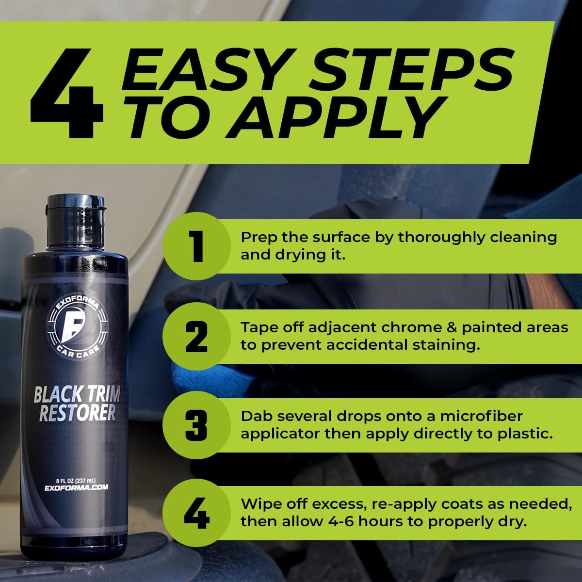 ExoForma Black Trim Restorer 8 oz for Car Trim - In use