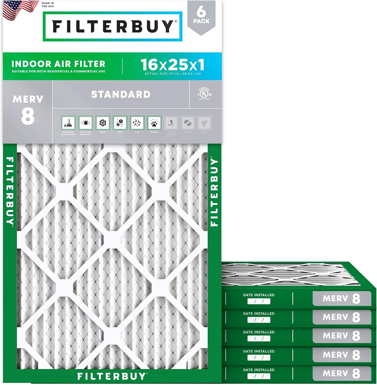 Filterbuy 16x25x1 MERV 8 Air Filters 6-Pack