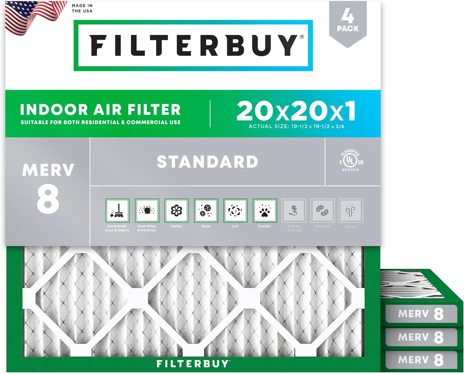 Filterbuy 20x20x1 MERV 8 Air Filters 4-Pack