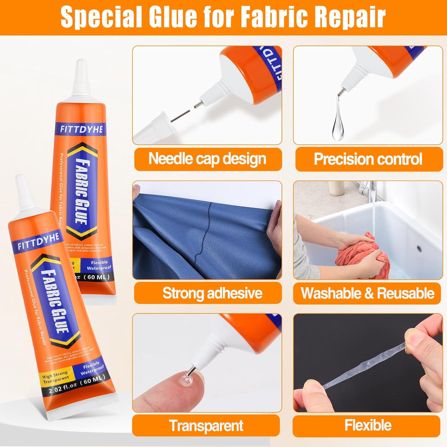 FITTDYHE Permanent Fabric Glue, 60 ml Clear - Alternate angle