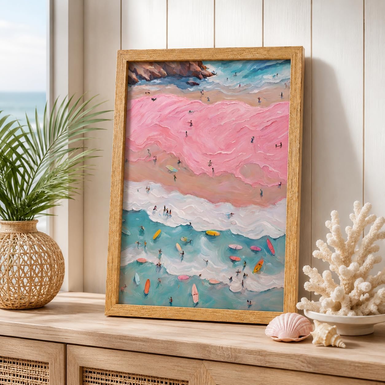 Framed Coastal Beach Surfer Canvas Wall Art - Alternate angle