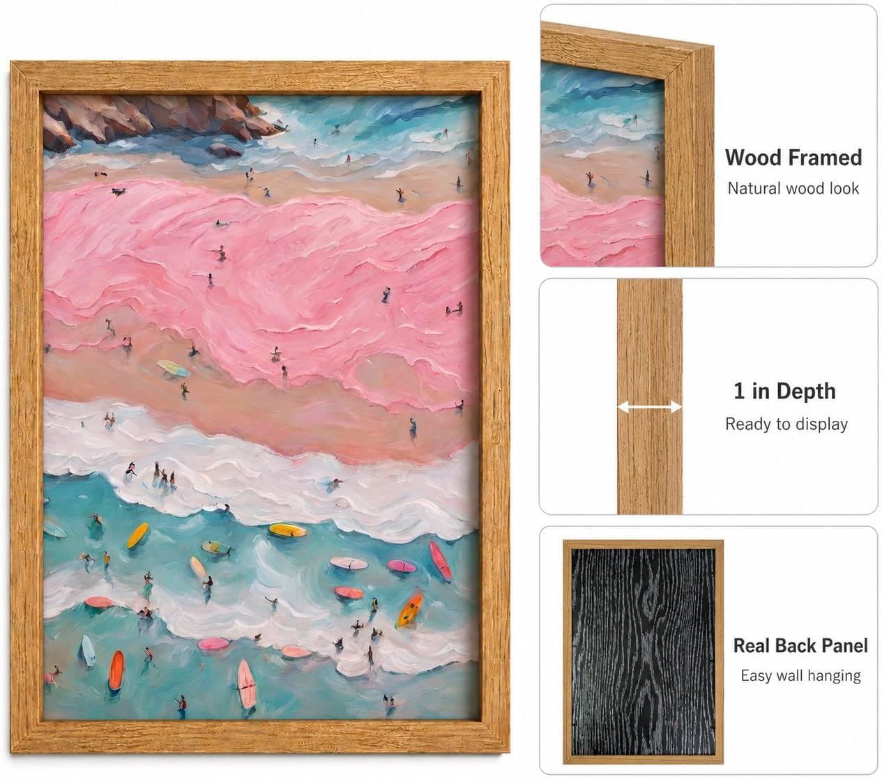 Framed Coastal Beach Surfer Canvas Wall Art - Close-up
