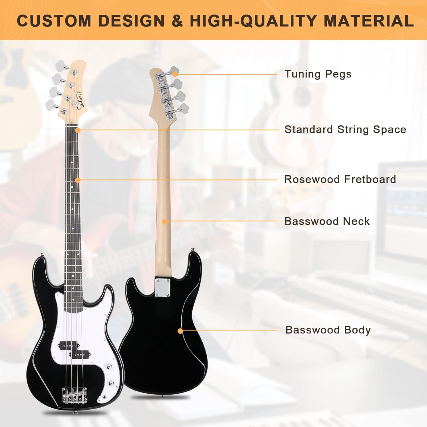 Glarry Bass Guitar Beginner Kit, Black - Detail view