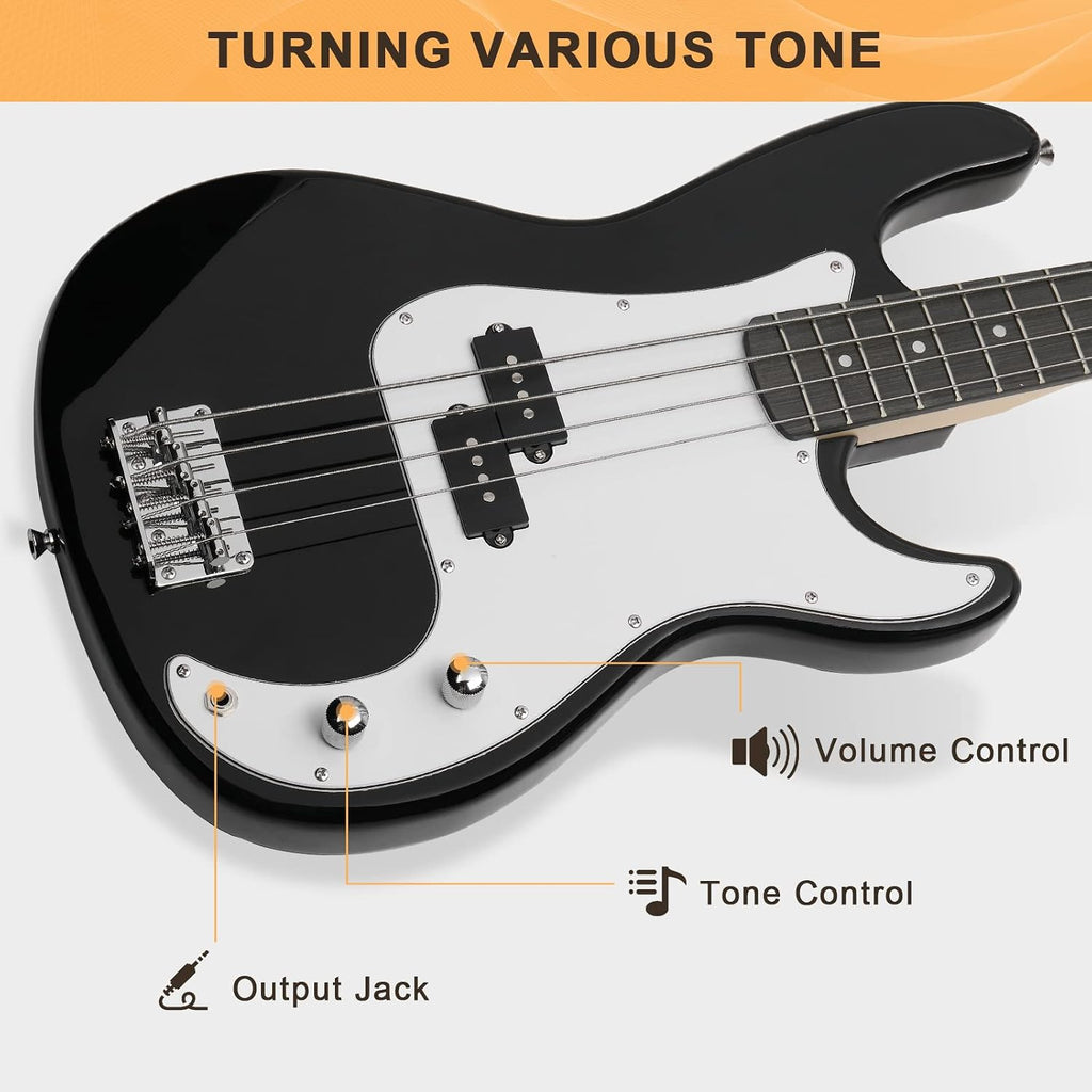 Glarry Bass Guitar Beginner Kit, Black - Close-up
