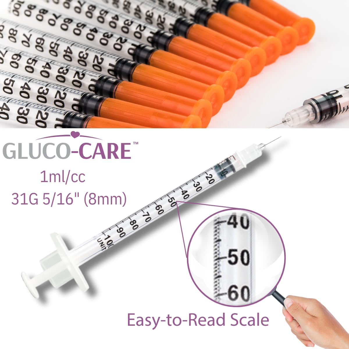 Gluco-Care 1mL Syringes 31G, 100-Count - Size reference