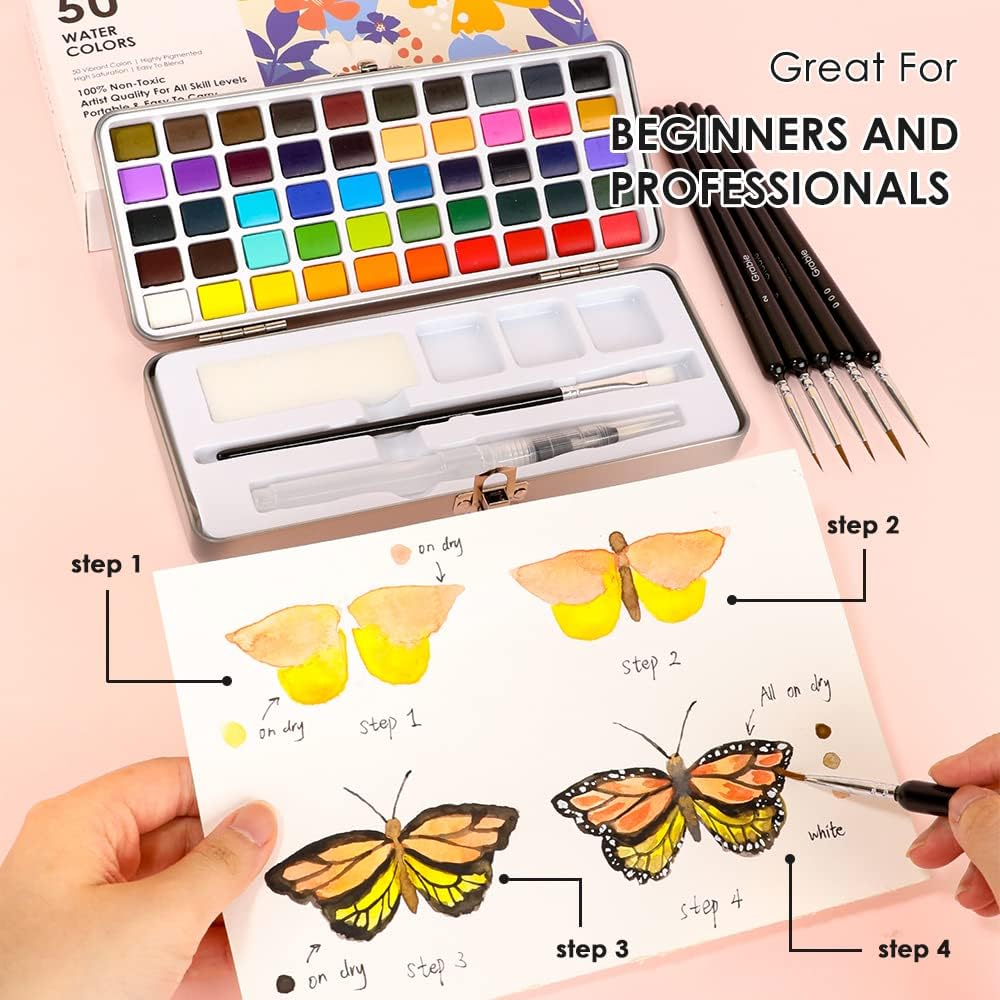 Grabie 50 Colors Watercolor Paint Set with Brush - Close-up