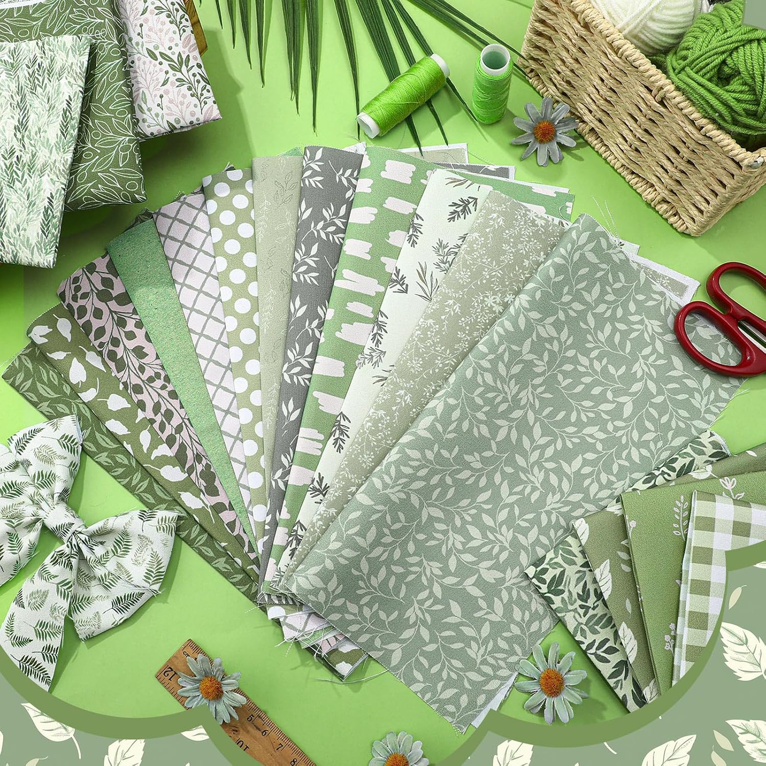 HunnmingRe Sage Green Quilting Fabric Squares - Size reference