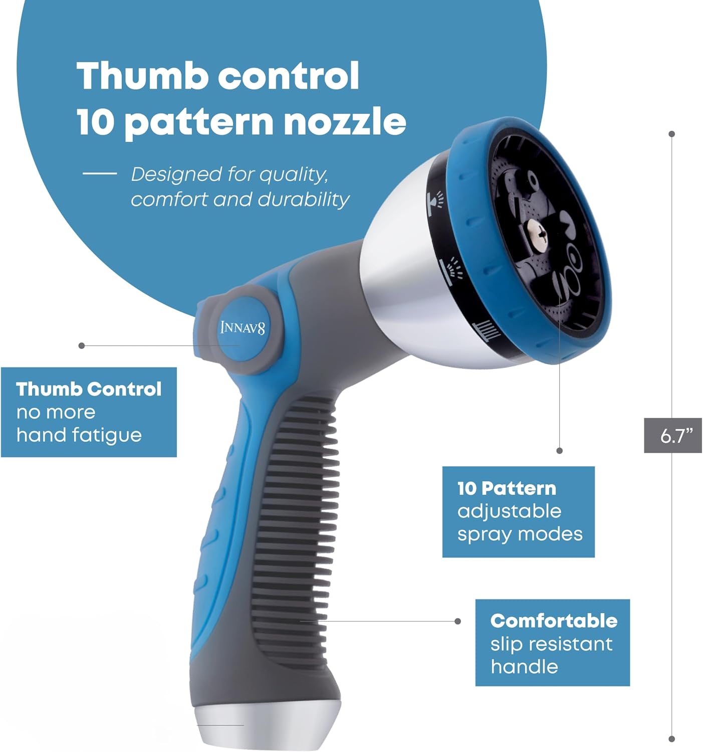 INNAV8 Garden Hose Nozzle, 10 Patterns - Detail view