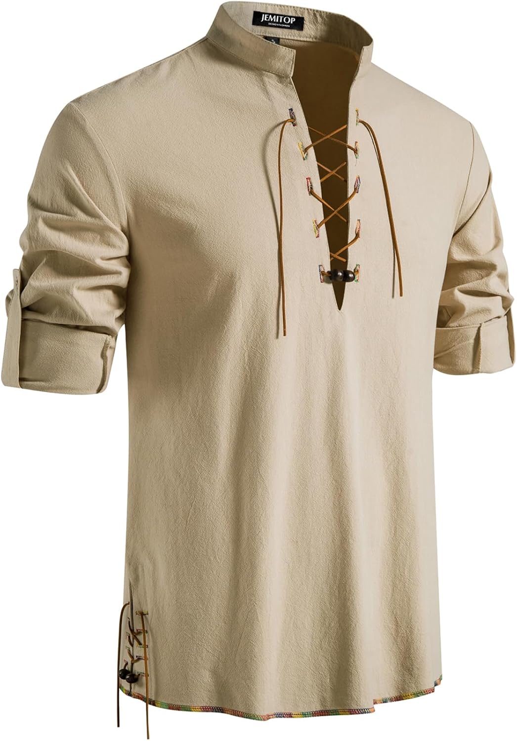 JEMITOP Men's Cotton Lace-Up Renaissance Shirt