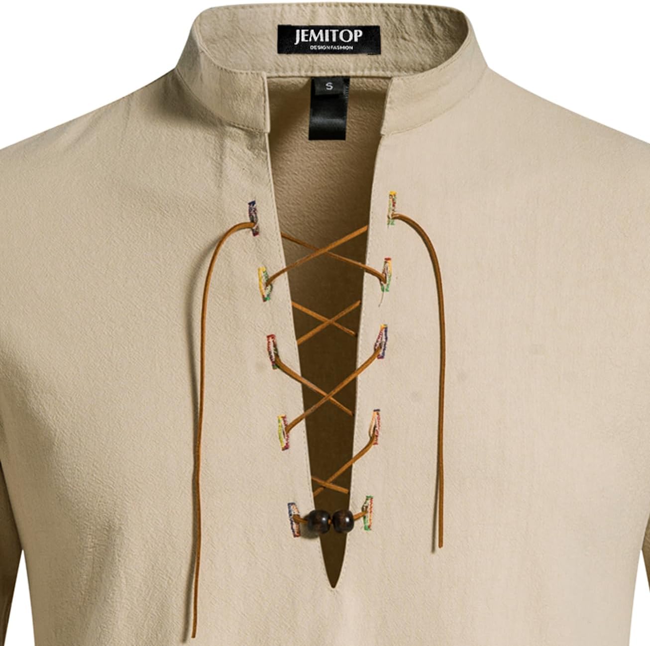 JEMITOP Men's Cotton Lace-Up Renaissance Shirt - Close-up