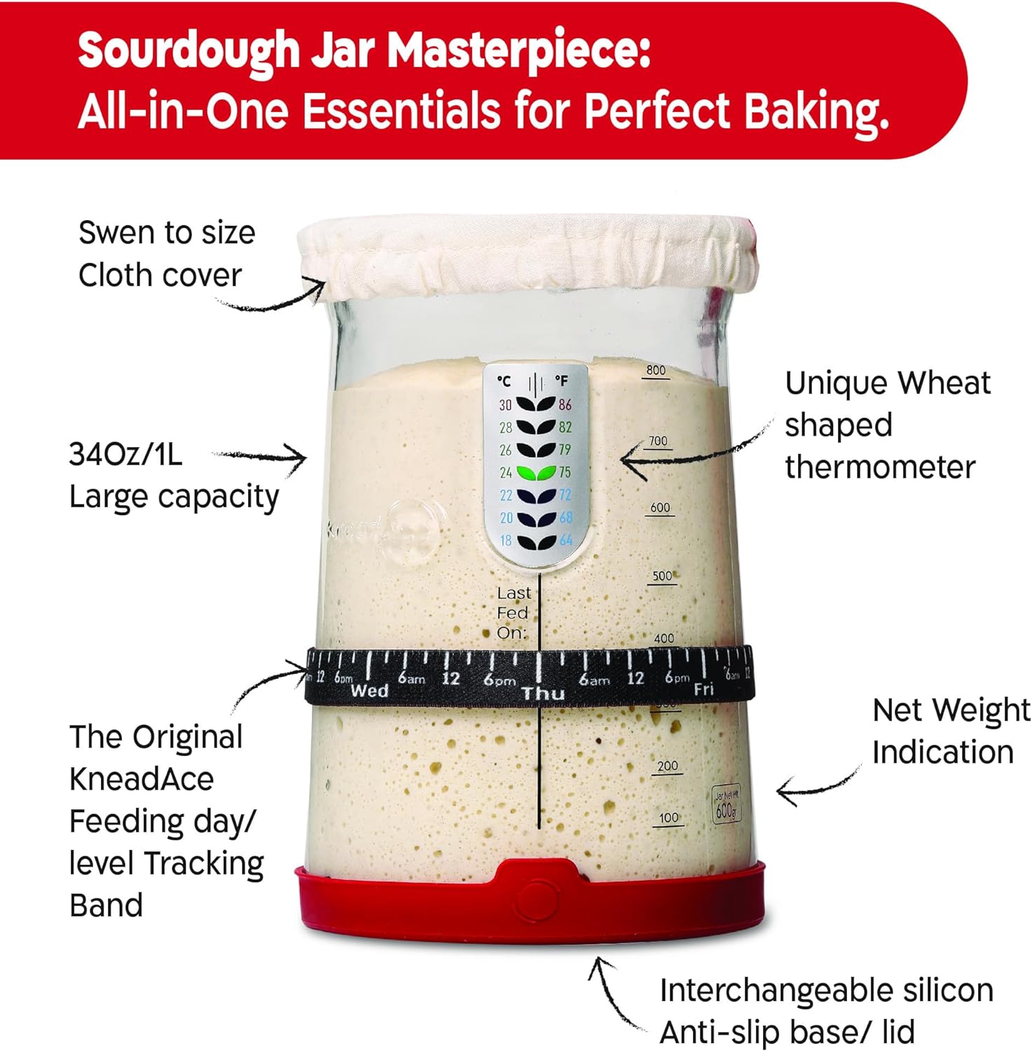 KNEADACE Pro Sourdough Starter Kit, 34 oz Jar - Detail view