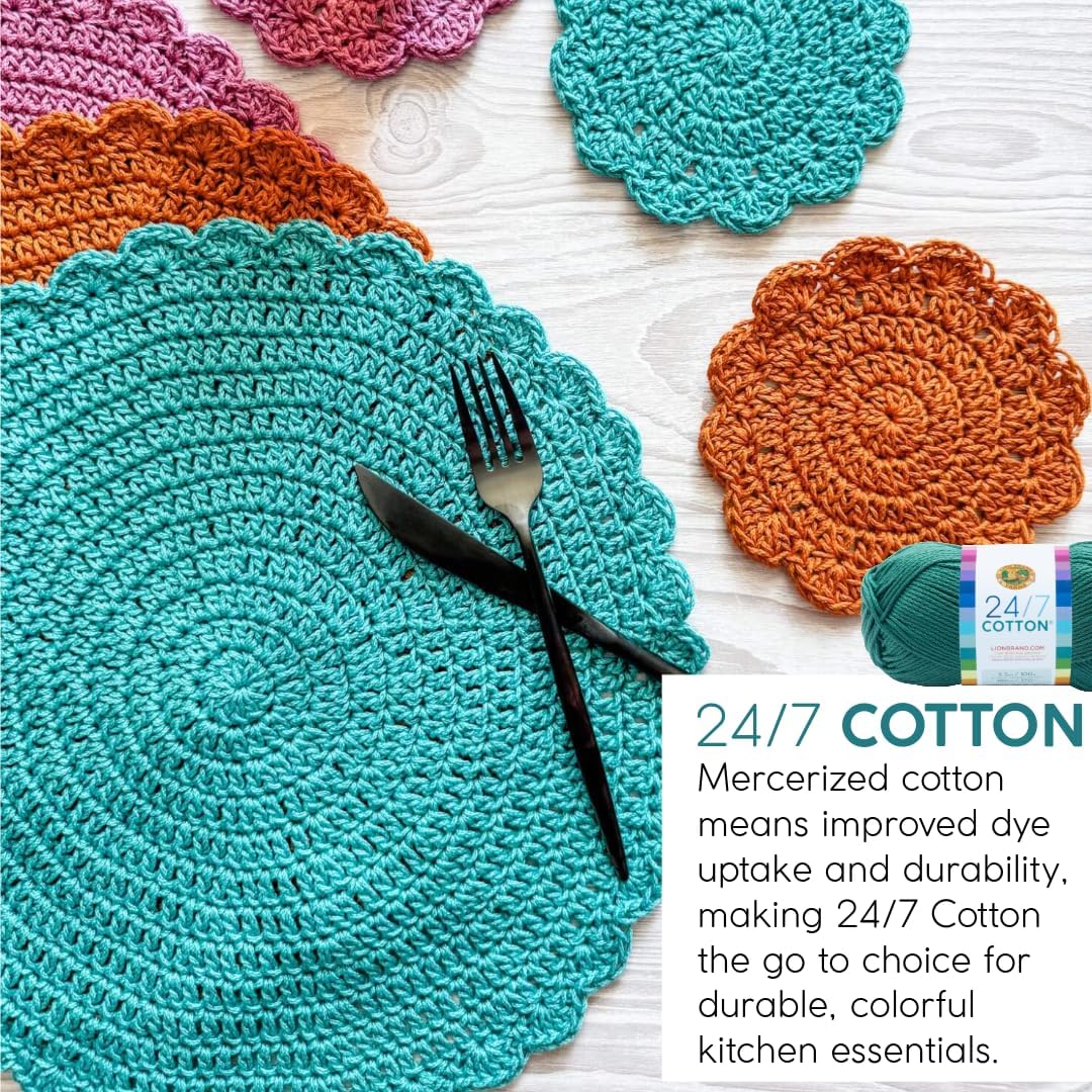 Lion Brand 24/7 Cotton Yarn, Eggplant Purple - In use