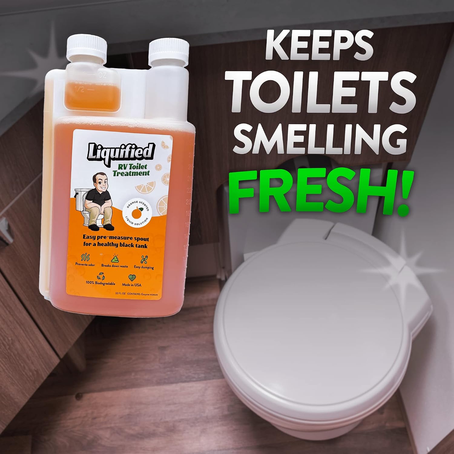 RV Toilet Treatment Black Tank Digester, Orange 32oz - In use