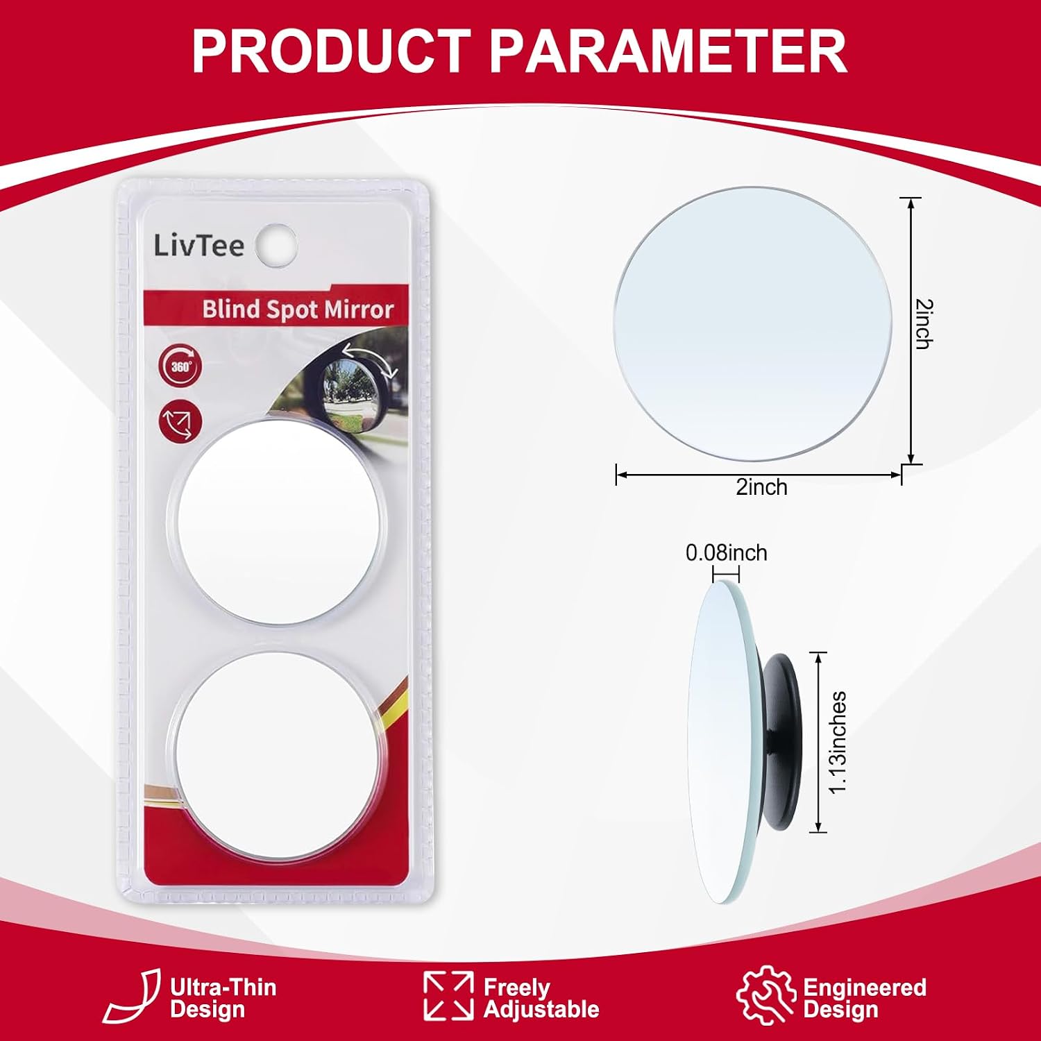 LivTee 2 Inch Round Blind Spot Mirror, 2 Pack - Alternate angle