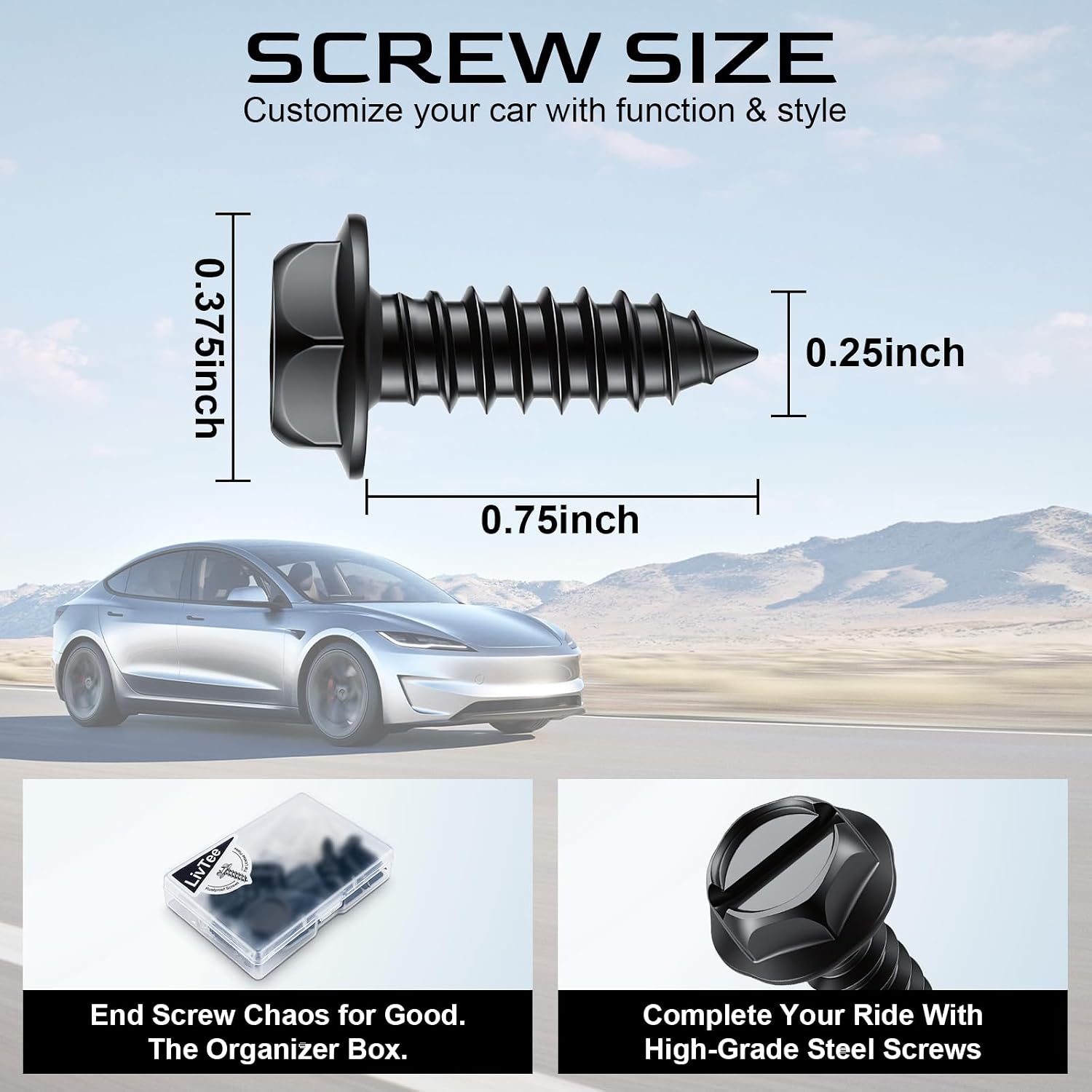 LivTee Rustproof License Plate Screws, 4 Sets - Detail view