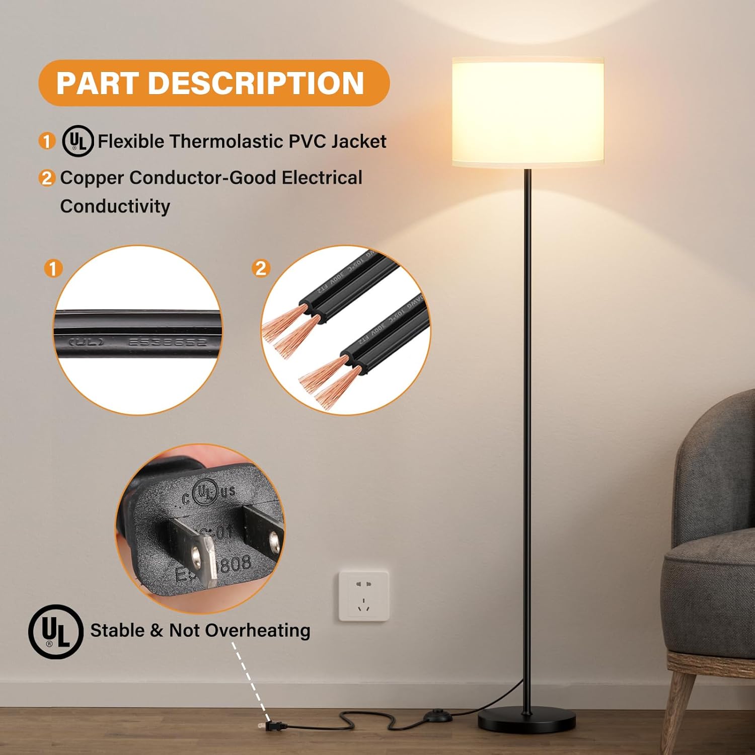 Modern 60in Floor Lamp with White Shade - Size reference