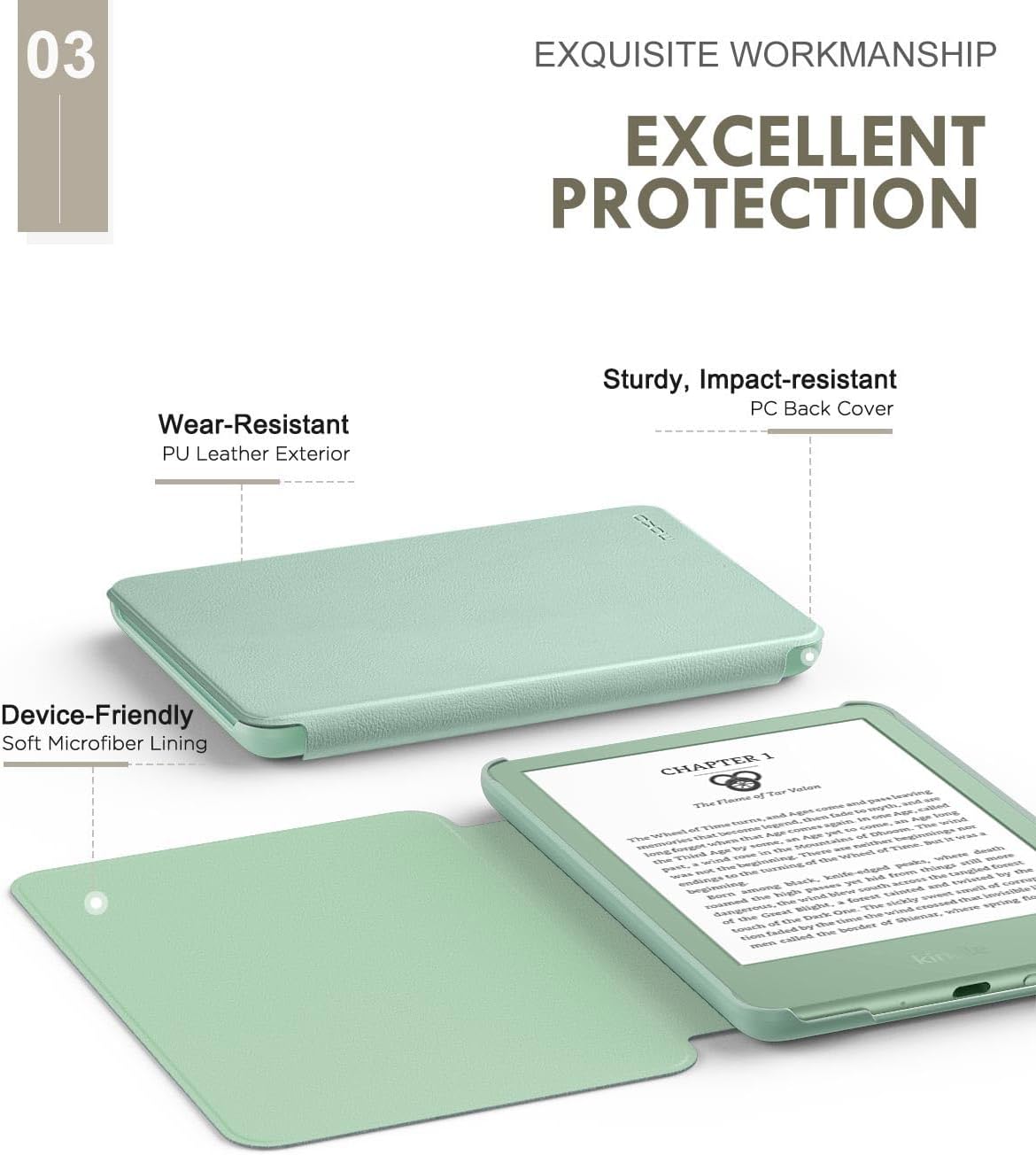 MoKo Case for 6in Kindle 11th Gen, Matcha - Close-up