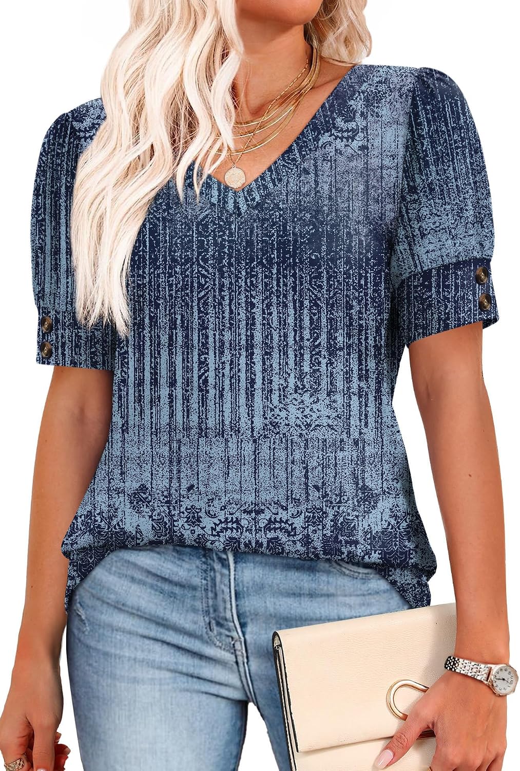 OFEEFAN Women's V-Neck Blouse, Plus Size - Close-up