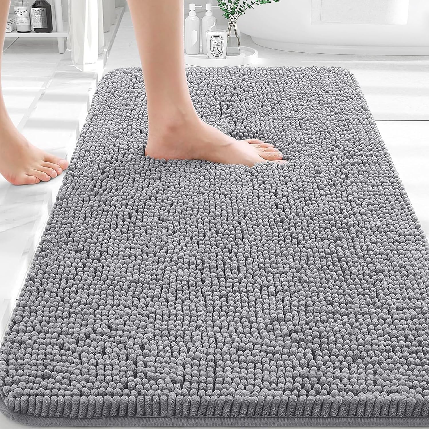 OLANLY Chenille Bathroom Rug, Grey