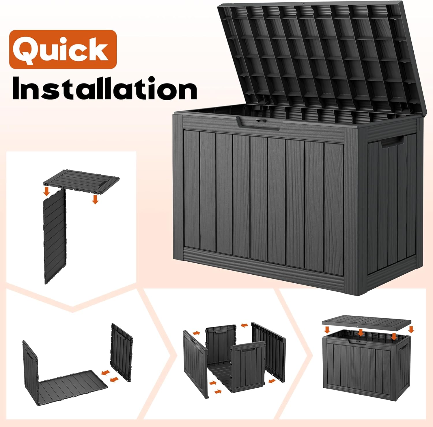 Outdoor Resin Deck Storage Box, 50 Gallon Black - In use