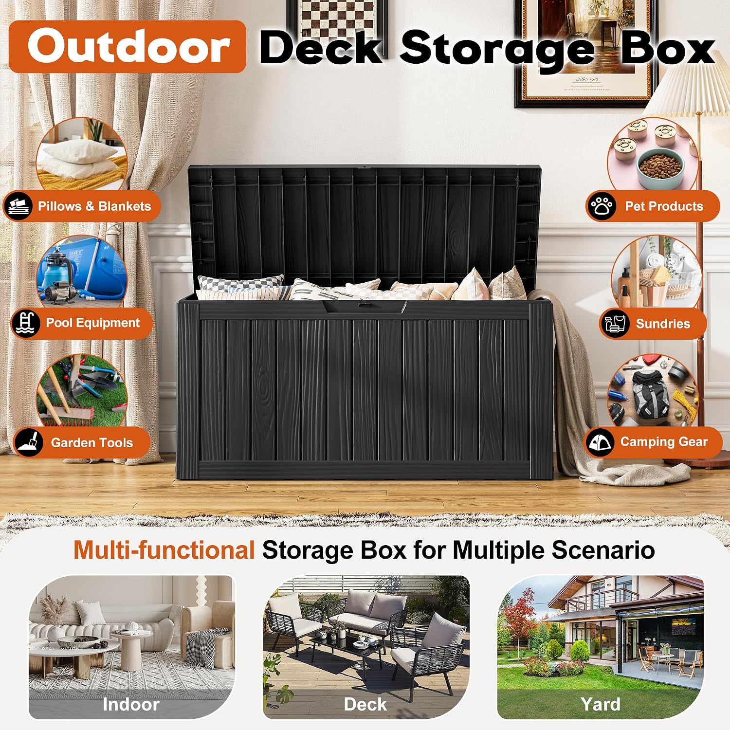 Outdoor Resin Deck Storage Box, 85 Gallon Black - Alternate angle