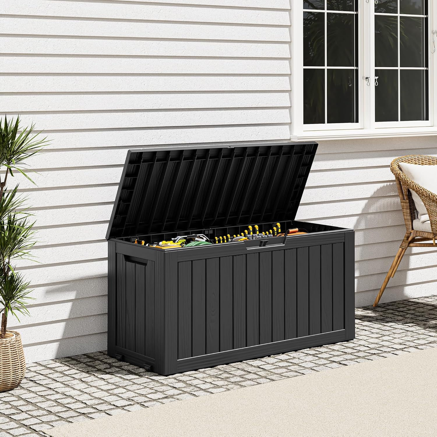 Outdoor Resin Deck Storage Box, 85 Gallon Black - Size reference