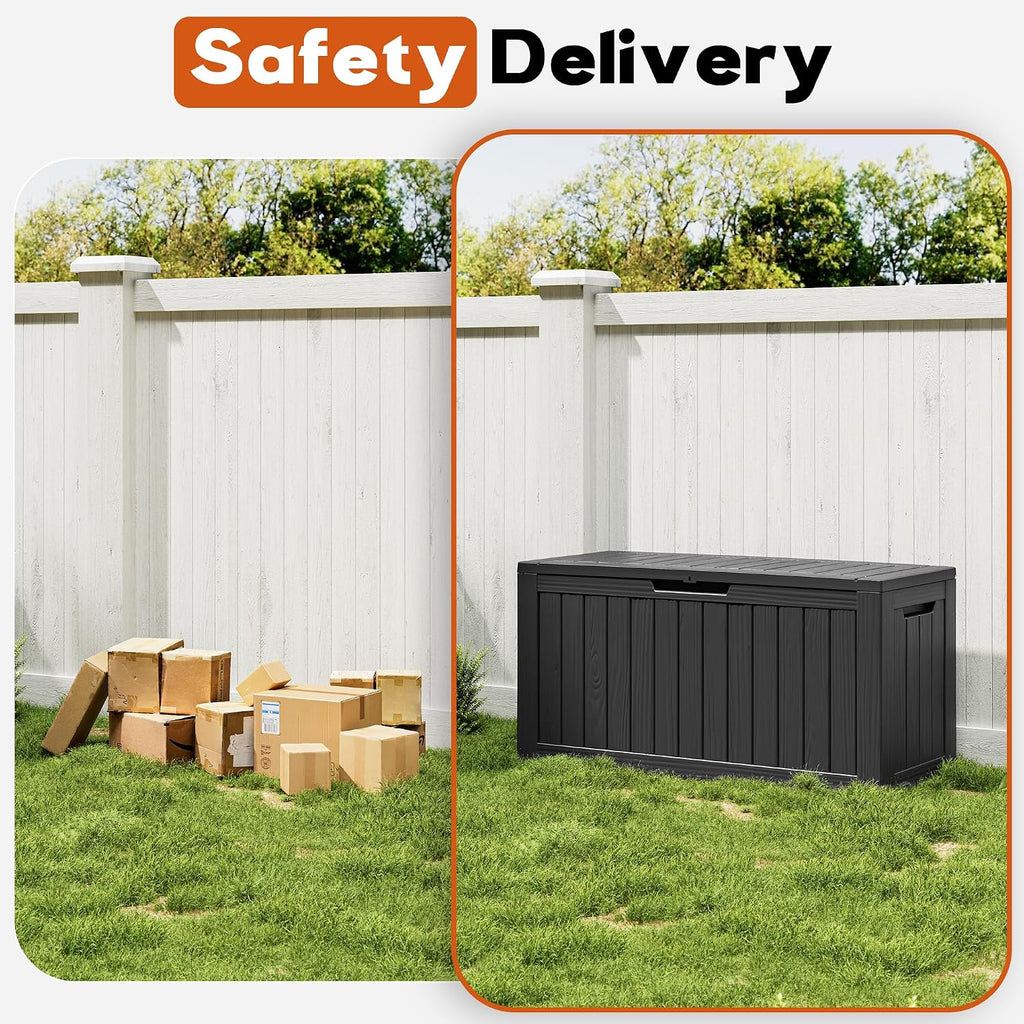 Outdoor Resin Deck Storage Box, 85 Gallon Black - In use