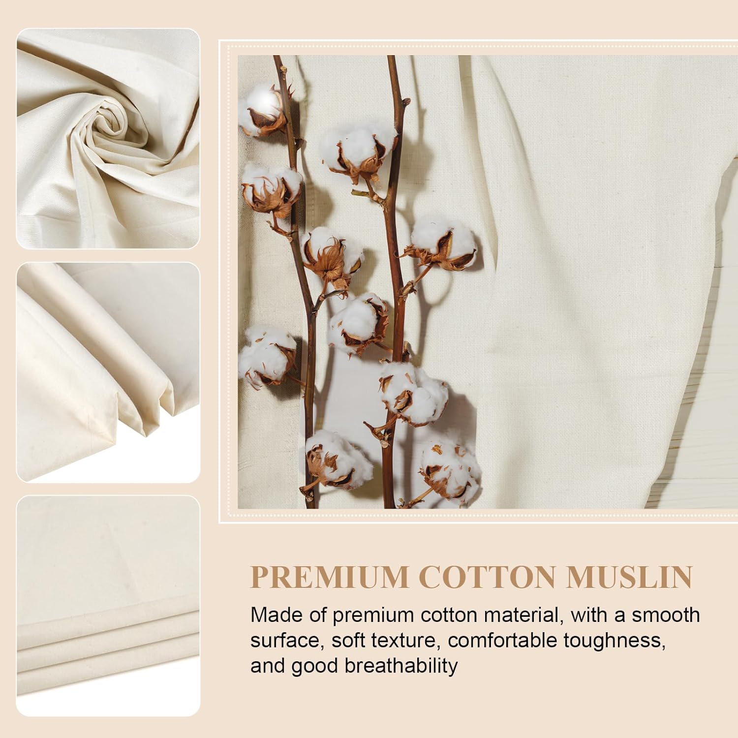 PEASUG Unbleached Cotton Muslin Fabric, 2 Yards - Alternate angle