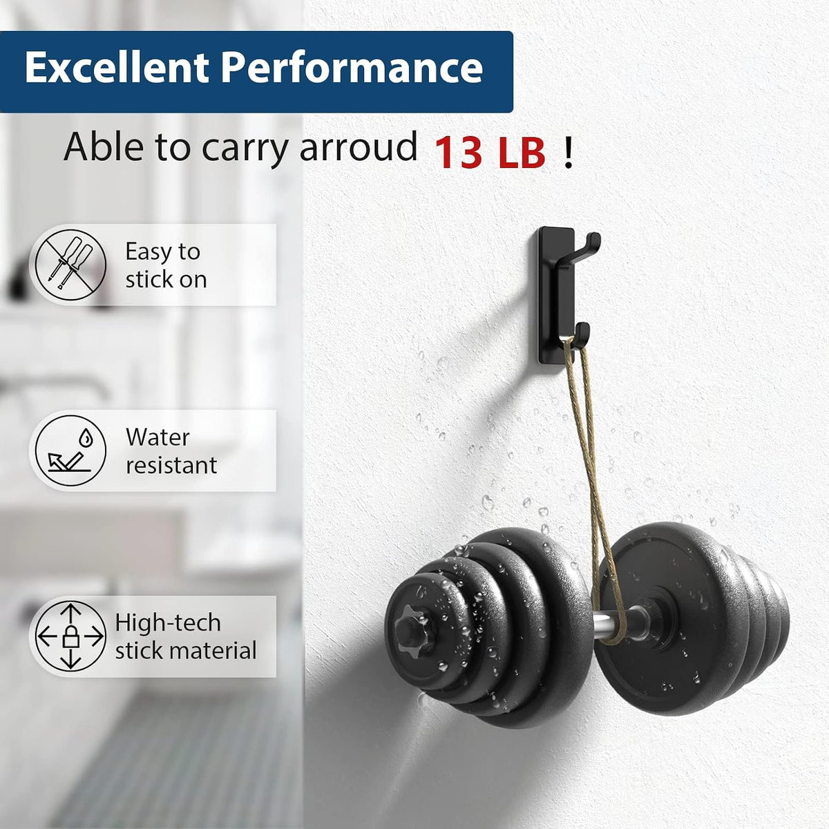 pickpiff Adhesive Wall Hooks, Black, 4 Pack - Detail view