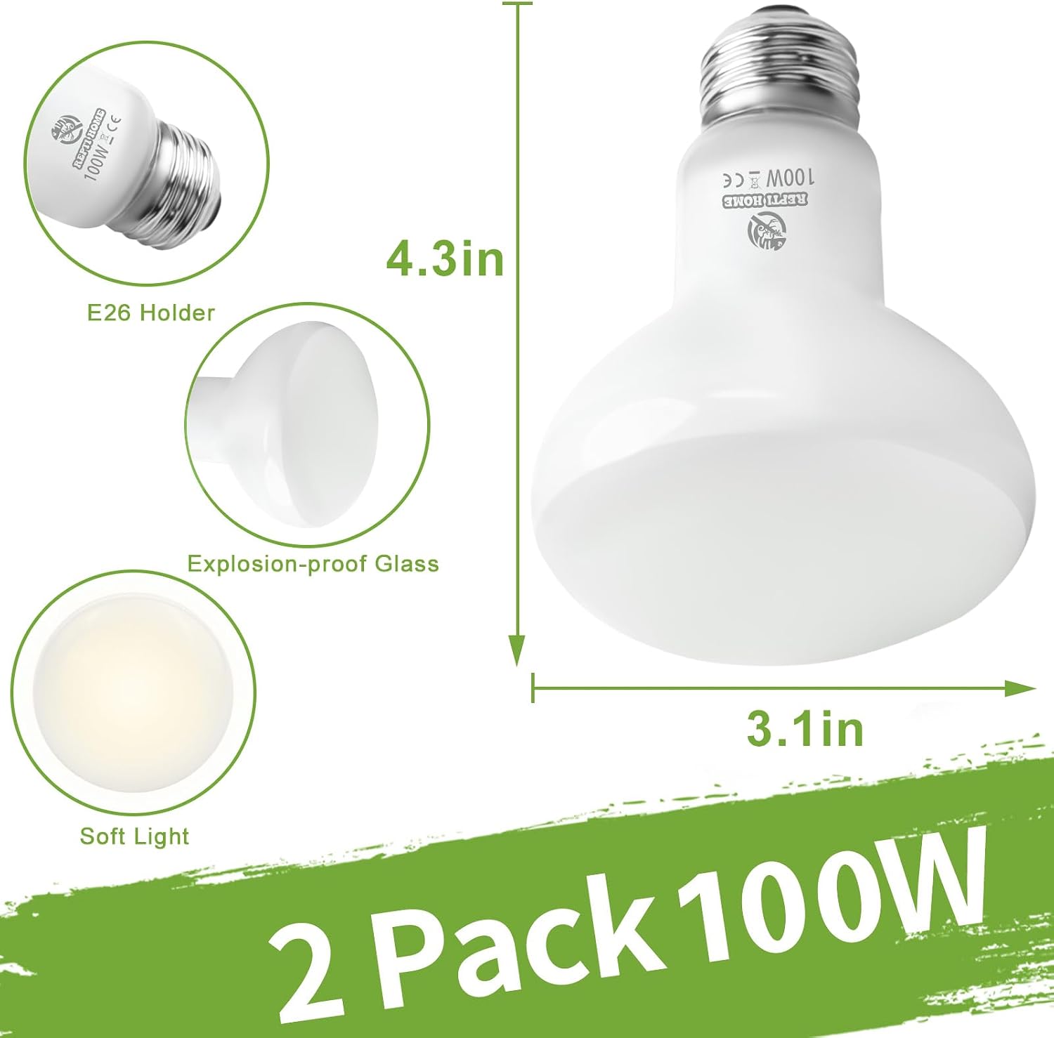 Reptile Heat Lamp Bulbs, 100W, 2 Pack - Size reference