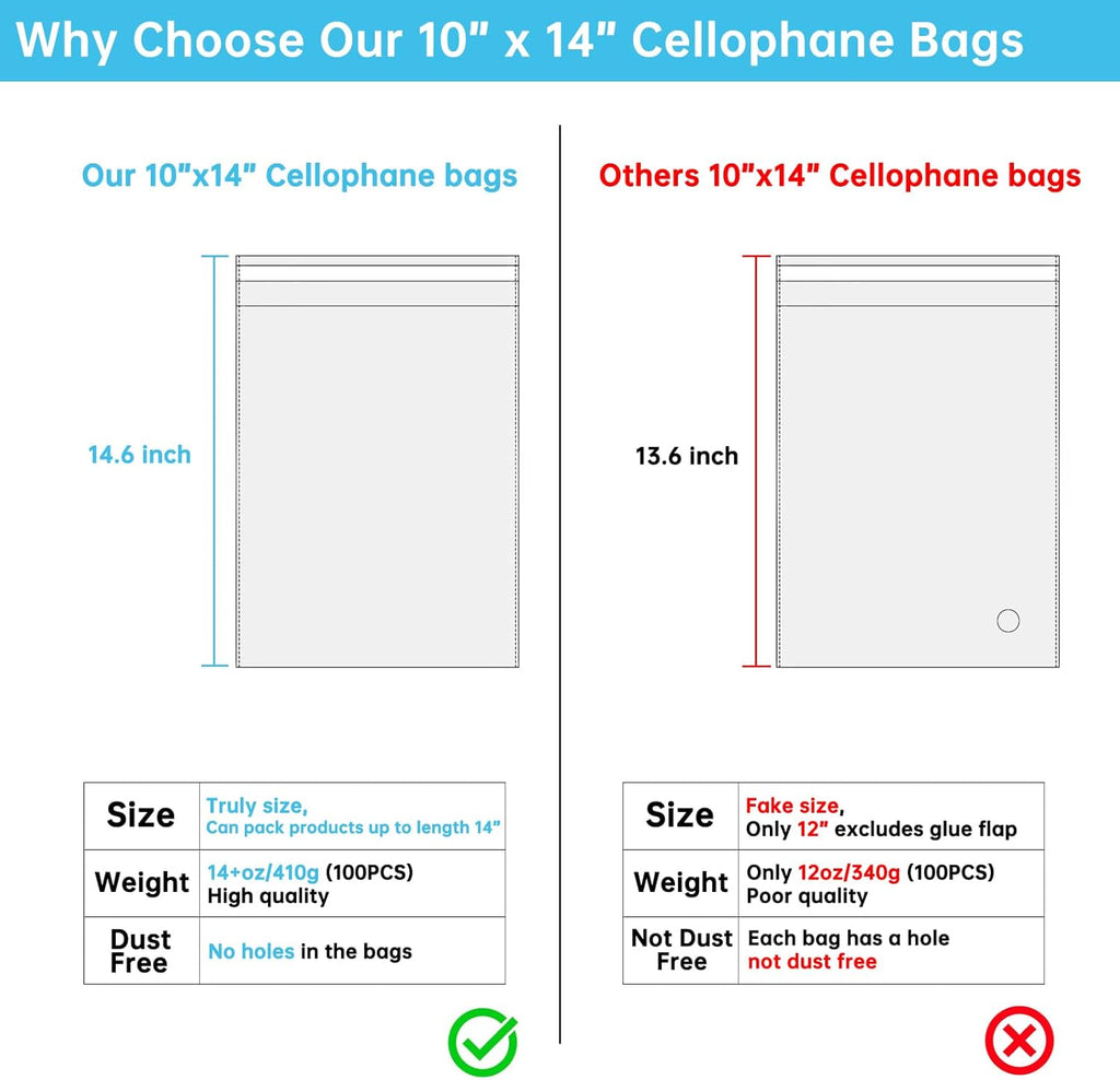 Self Sealing Cellophane Bags, 10x14 in, 100 Pcs - Detail view