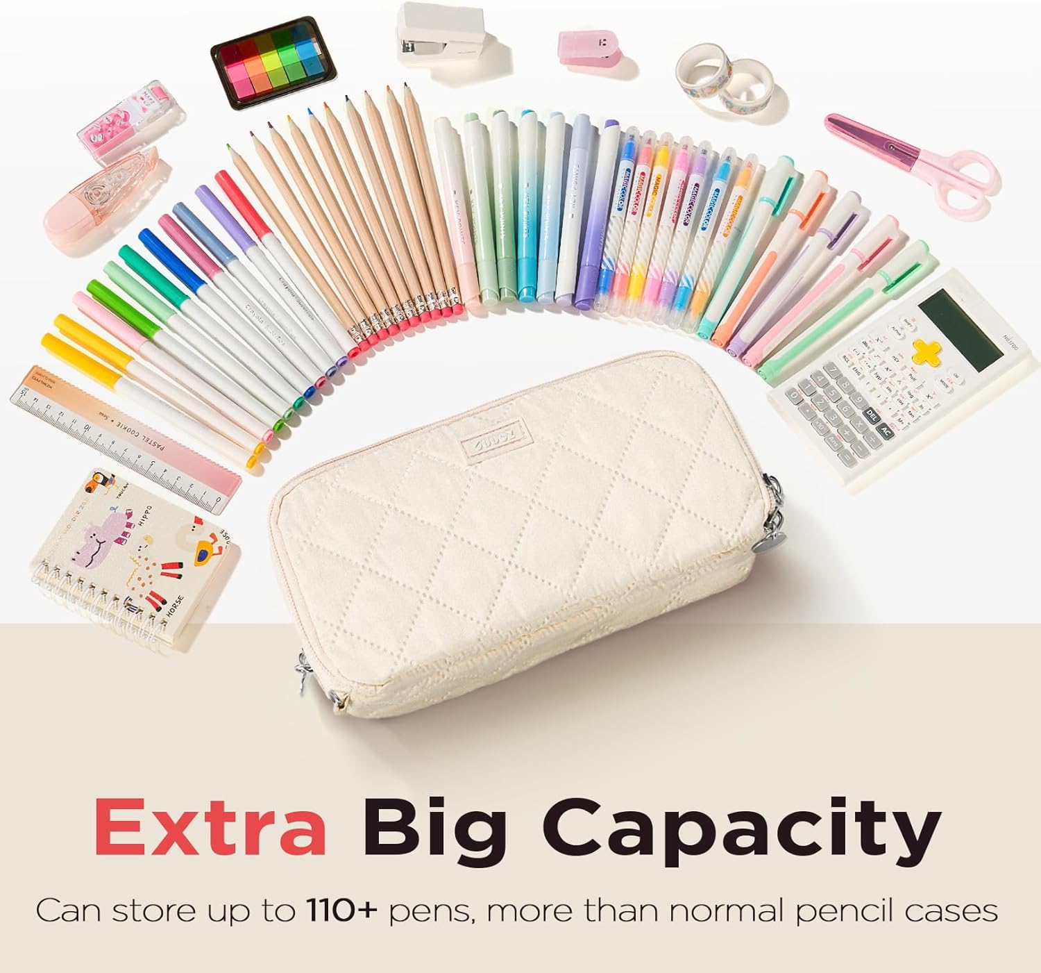 Sooez Large Pencil Case, 8 Compartments, Beige - Alternate angle