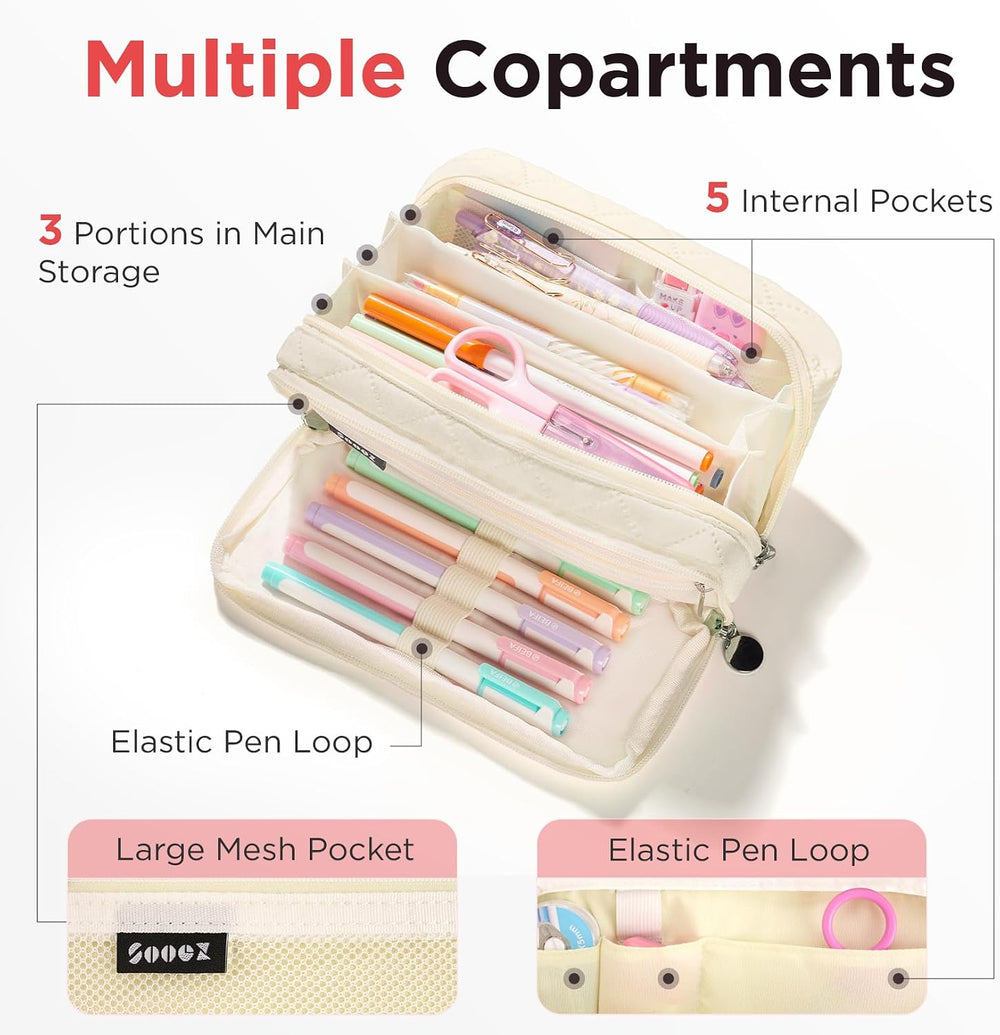 Sooez Large Pencil Case, 8 Compartments, Beige - Close-up