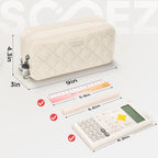 Sooez Large Pencil Case, 8 Compartments, Beige - Size reference