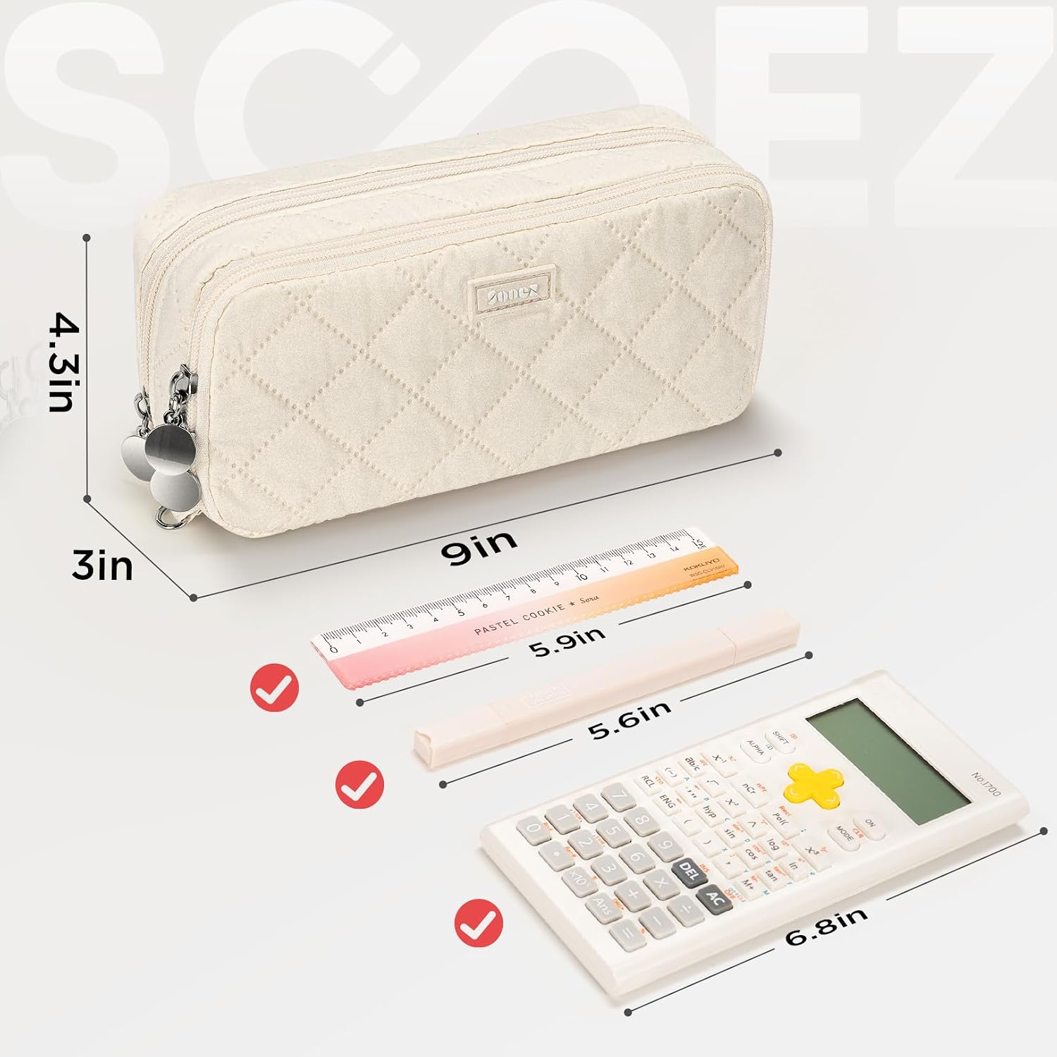 Sooez Large Pencil Case, 8 Compartments, Beige - Size reference