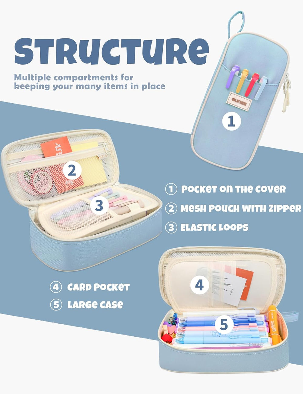 Sunee Large Zipper Pencil Case, Blue - Alternate angle