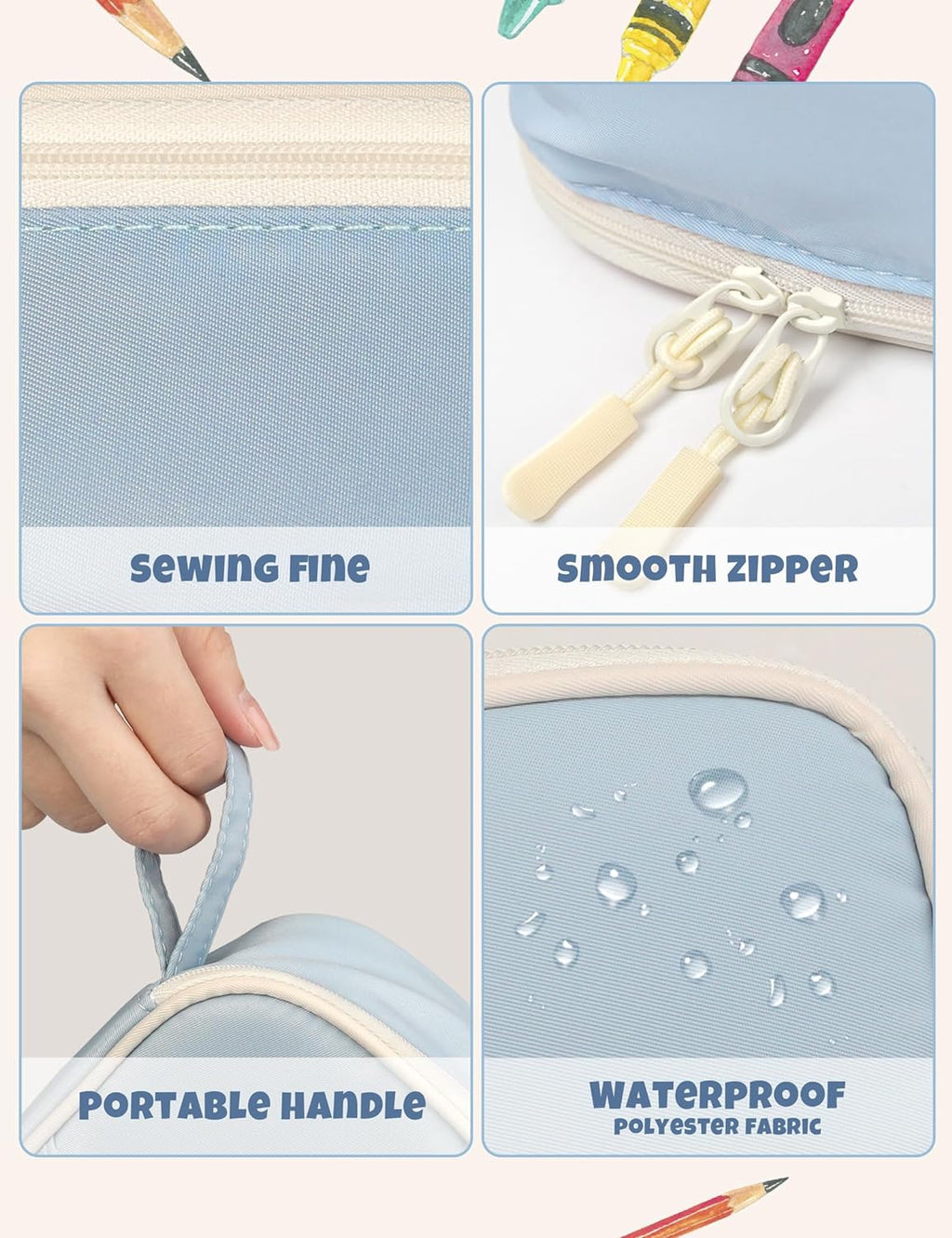 Sunee Large Zipper Pencil Case, Blue - Size reference