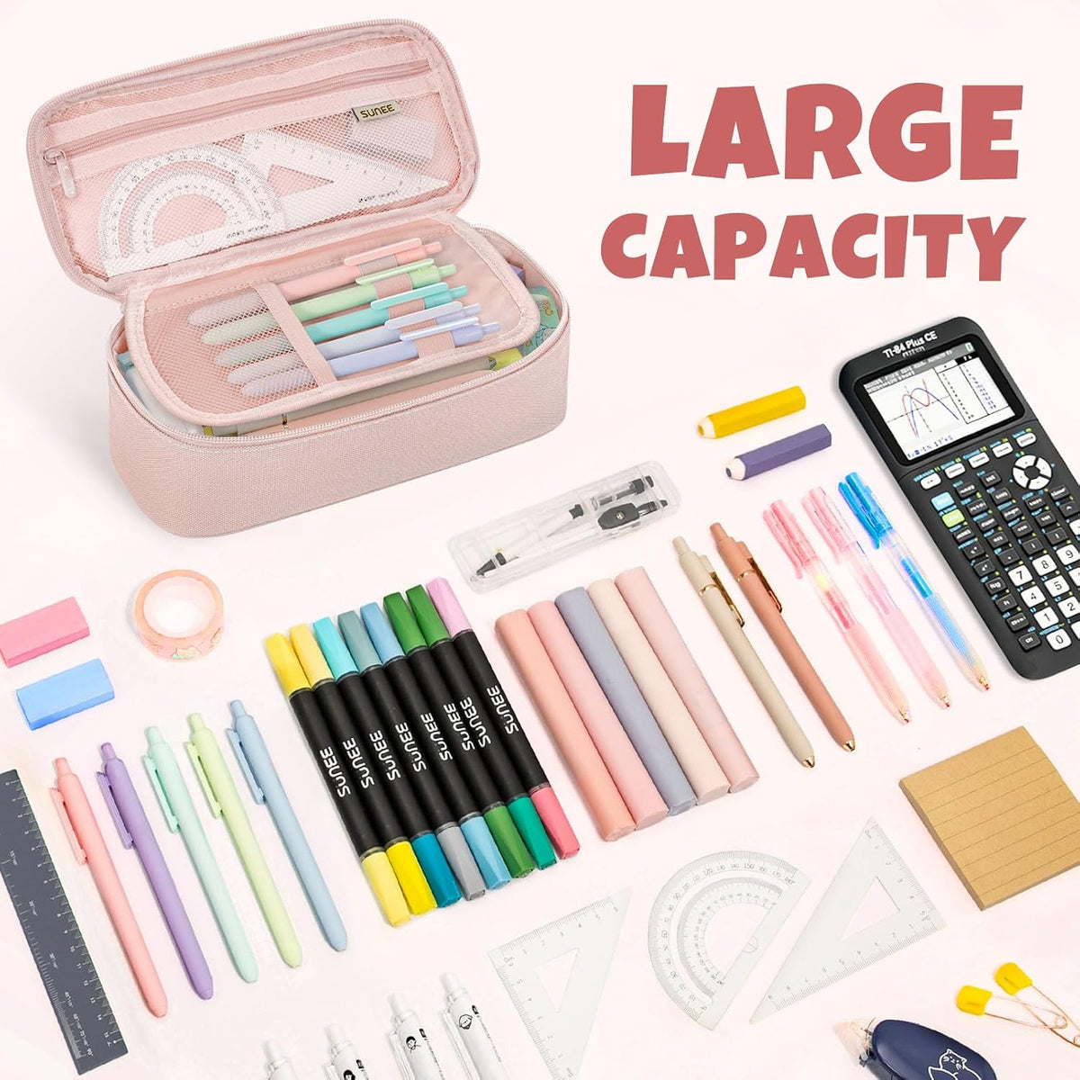 SUNEE Large Capacity Pencil Case, Pink - Detail view