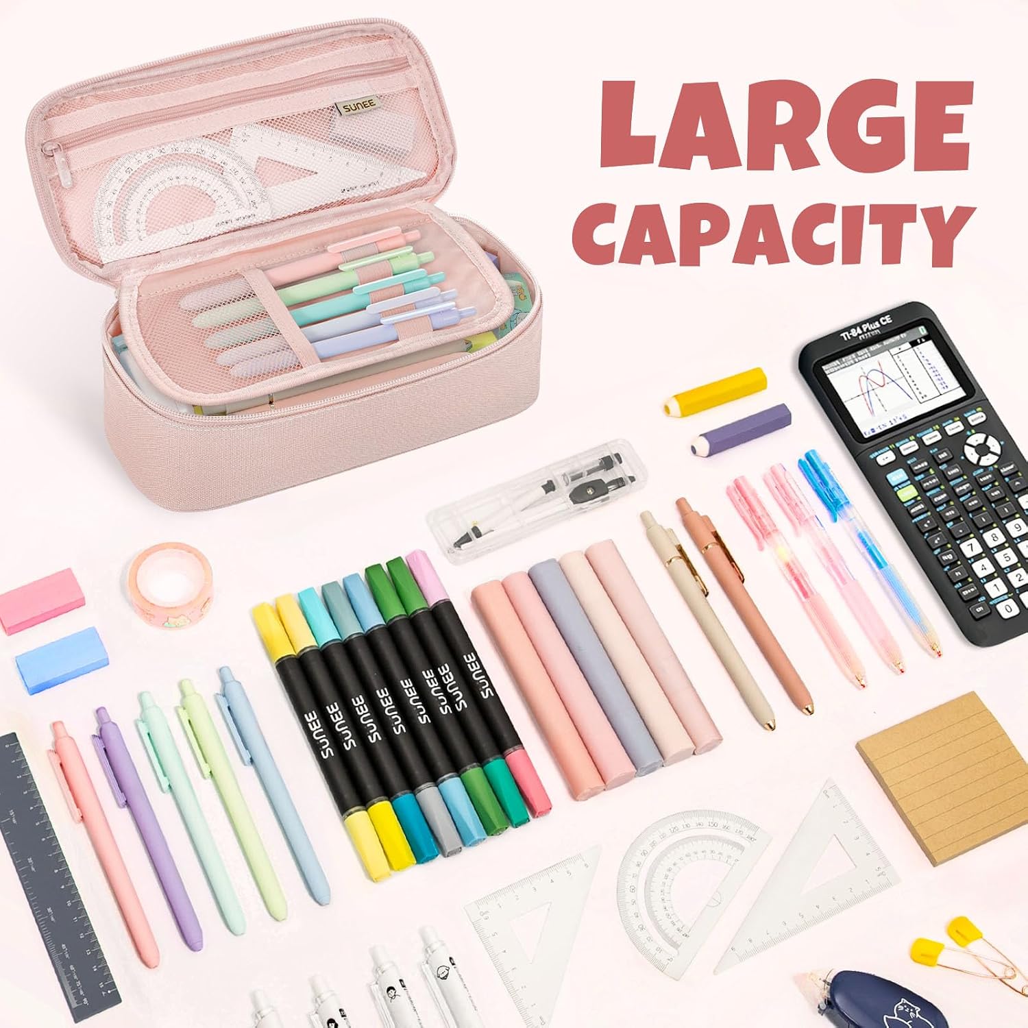 SUNEE Large Capacity Pencil Case, Pink - Detail view