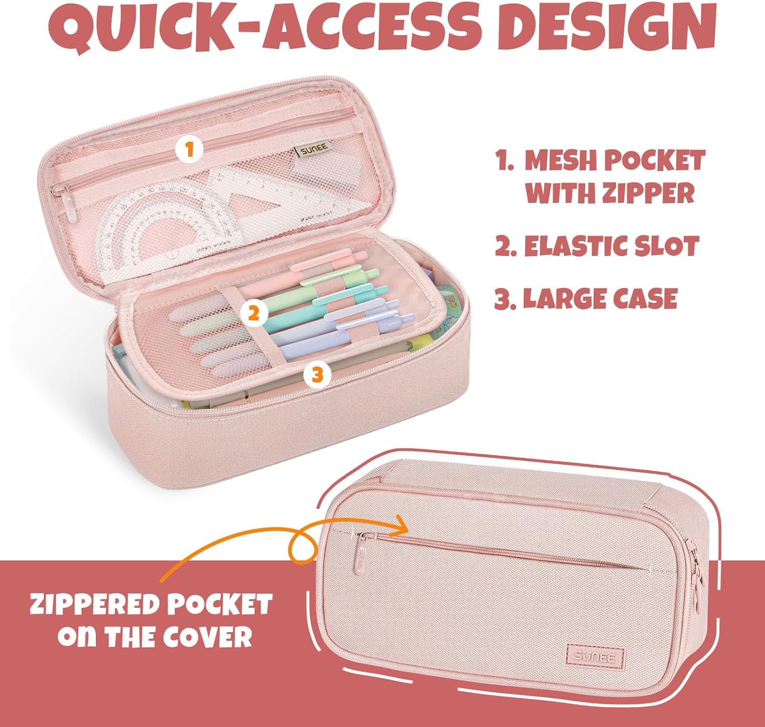 SUNEE Large Capacity Pencil Case, Pink - Alternate angle
