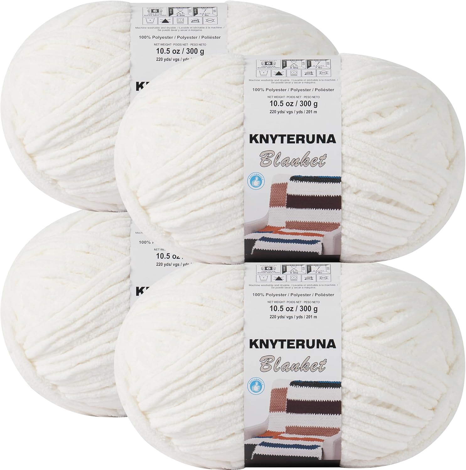 Super Bulky Chenille Blanket Yarn, Cream - 4 Skeins