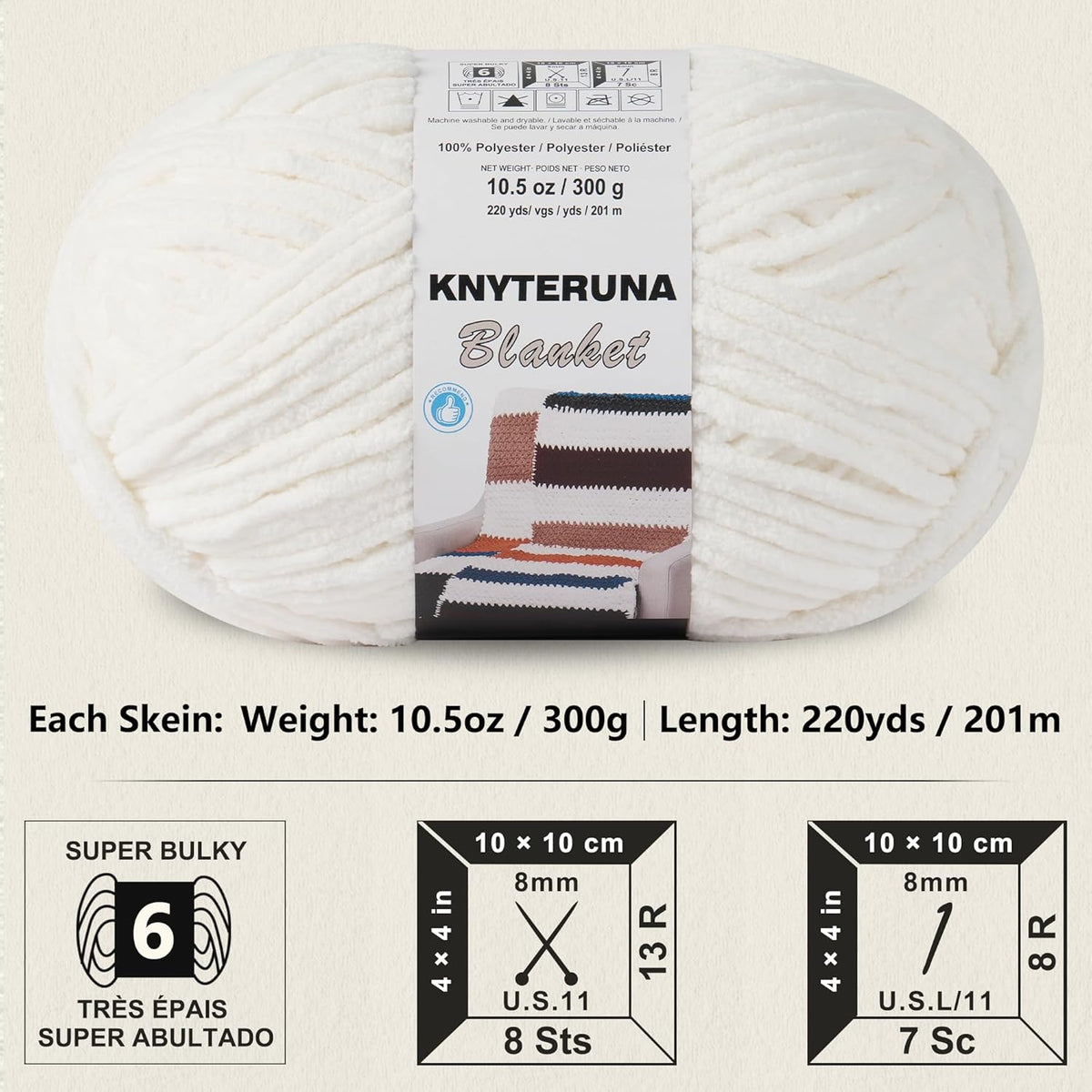 Super Bulky Chenille Blanket Yarn, Cream - 4 Skeins - Detail view