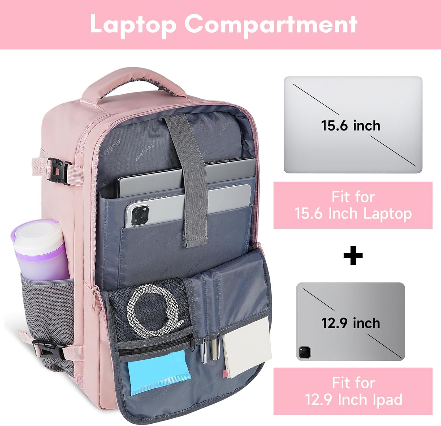 Taygeer Travel Backpack for Women, TSA Carry On - Size reference