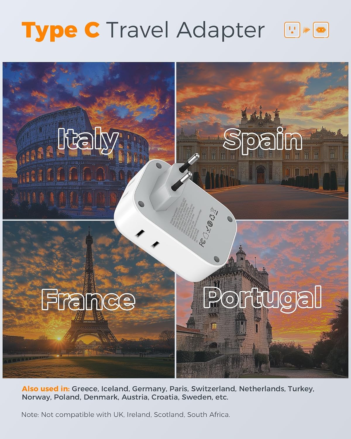TESSAN 2 Pack European Travel Plug Adapter 4 Outlets 3 USB - Detail view