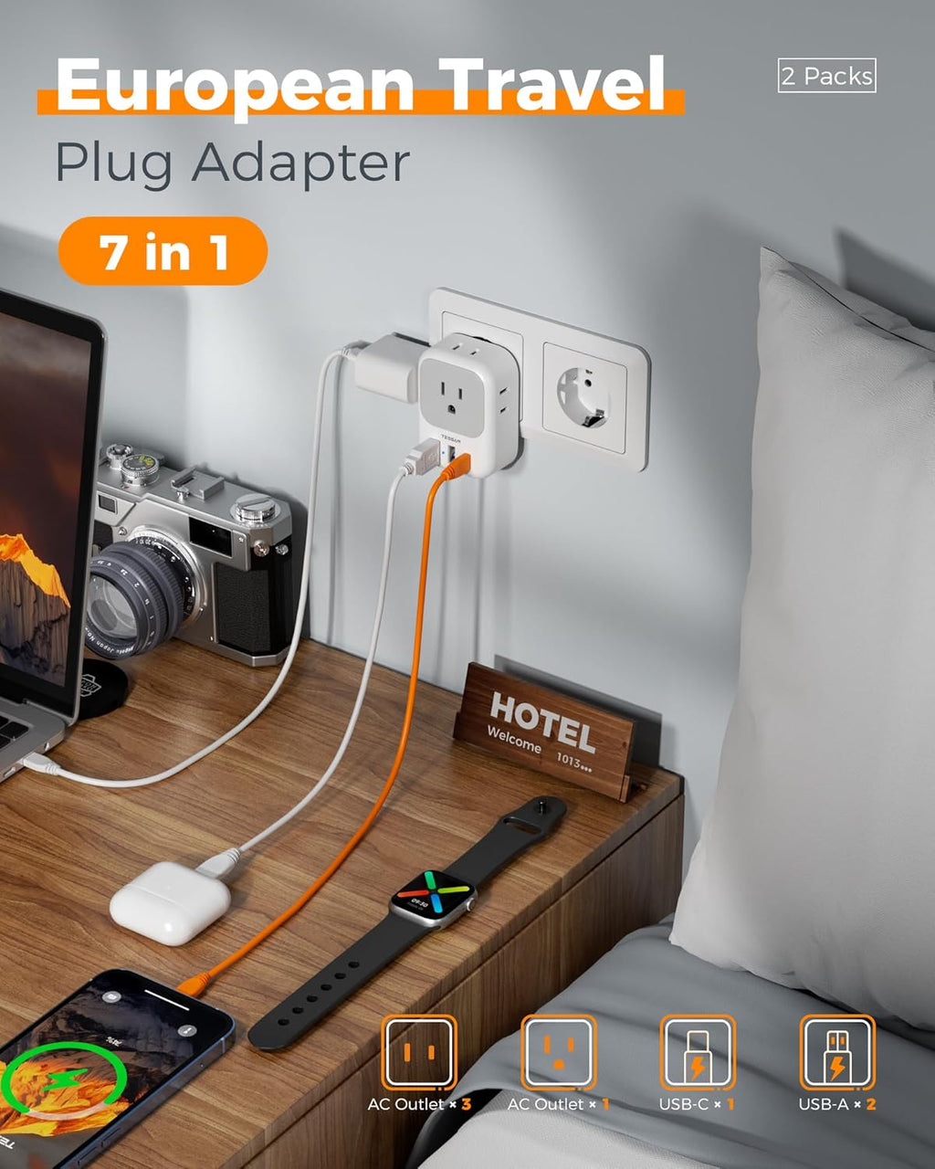 TESSAN 2 Pack European Travel Plug Adapter 4 Outlets 3 USB - Alternate angle