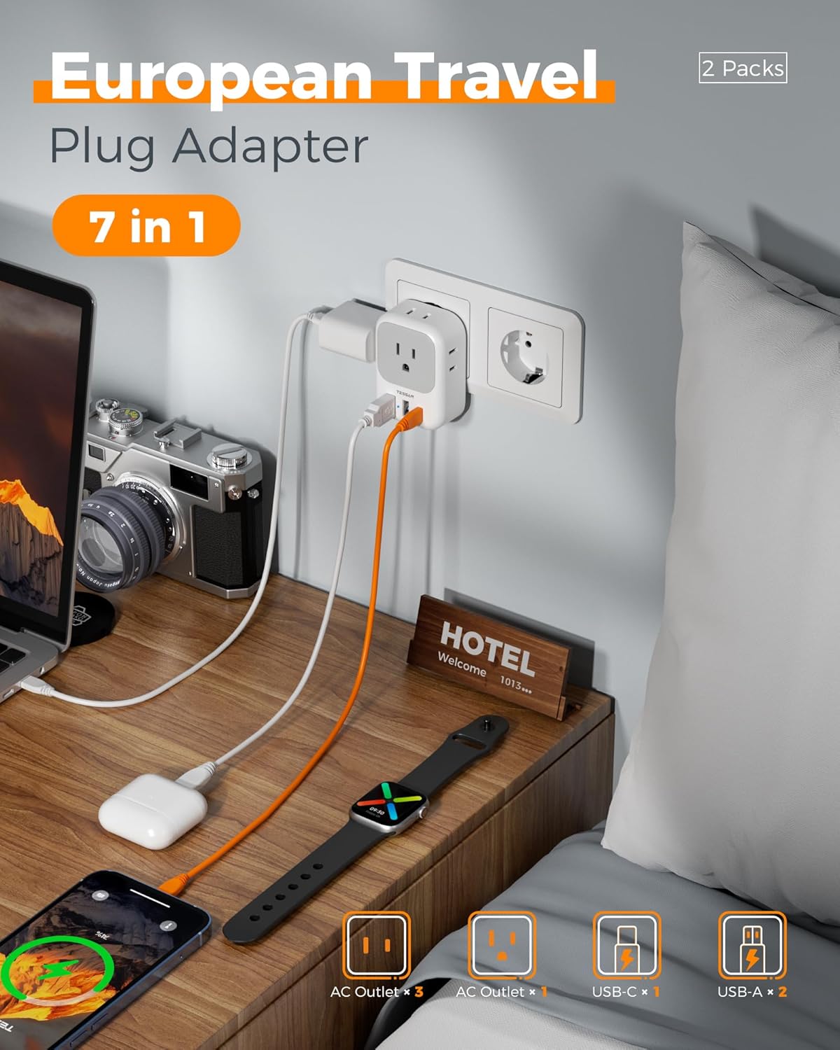 TESSAN 2 Pack European Travel Plug Adapter 4 Outlets 3 USB - Alternate angle