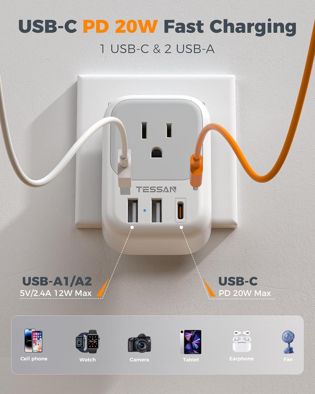 TESSAN 2 Pack European Travel Plug Adapter 4 Outlets 3 USB - Close-up