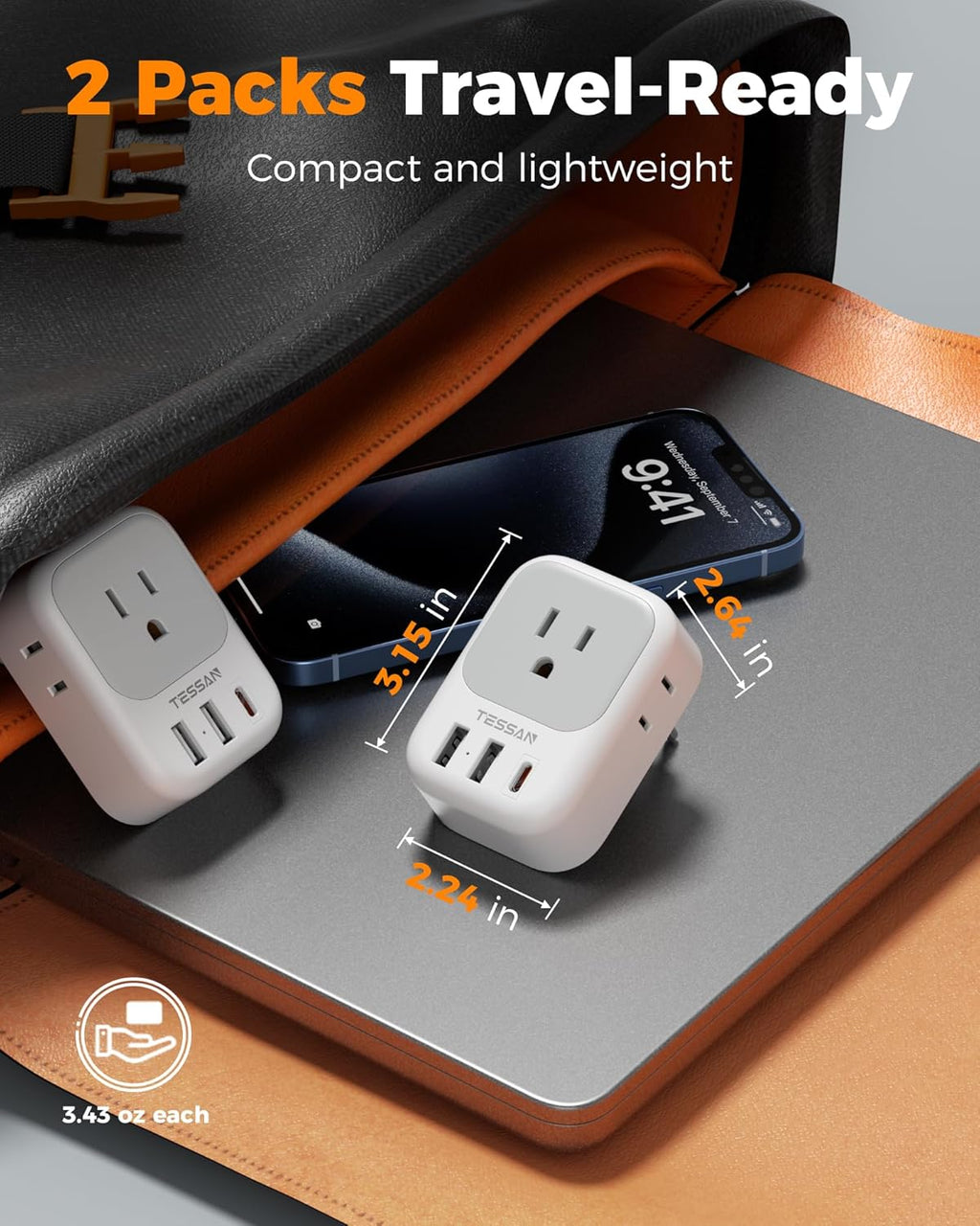 TESSAN 2 Pack European Travel Plug Adapter 4 Outlets 3 USB - Size reference